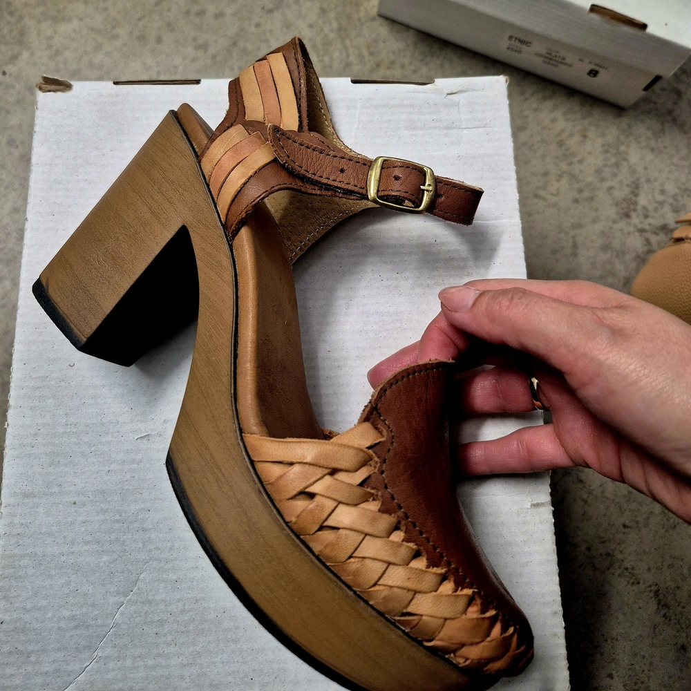 Woven Leather Block Heel Sandals - Women's Brown Heels - Picture 6 of 8